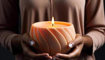 ai generiert einer Person halten ein Kerze, meditieren im Kerzenlicht generiert durch ai foto