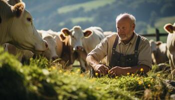 ai generiert ein Farmer im das Wiese, umgeben durch Vieh, Arbeiten draußen generiert durch ai foto