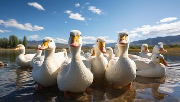 ai generiert Enten, Gänse, Schwäne, und Möwen fliegen Über das Wiese generiert durch ai foto