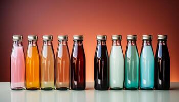 ai generiert ein Sammlung von bunt Glas Flaschen spiegelt Frische und Vielfalt generiert durch ai foto