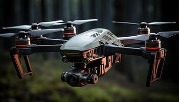 ai generiert futuristisch Drohne schwebt Mitte Luft, Erfassen Natur mit Fernbedienung Kamera generiert durch ai foto