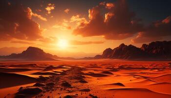 ai generiert majestätisch Berg Bereich, still Sand Dünen, Orange Sonnenuntergang, heiter Natur generiert durch ai foto