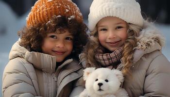 ai generiert zwei süß Mädchen spielen im das Schnee, lächelnd und Umarmen generiert durch ai foto