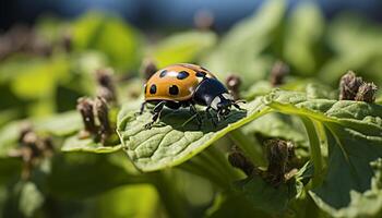 ai generiert Marienkäfer Sitzung auf ein Grün Blatt, Natur süß multi farbig Schönheit generiert durch ai foto