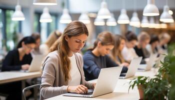 ai generiert ein vielfältig Gruppe von Studenten studieren drinnen mit Laptops generiert durch ai foto