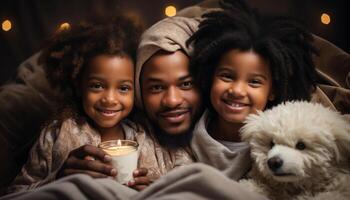 ai generiert ein glücklich afrikanisch Familie lächelnd, Verbindung, und Umarmen drinnen generiert durch ai foto