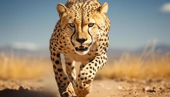 ai generiert majestätisch Gepard Gehen im afrikanisch Savanne, starren beim Sonnenuntergang generiert durch ai foto
