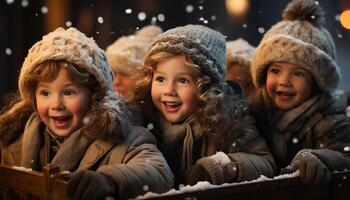 ai generiert lächelnd Kinder spielen im das Schnee, froh Winter Feier generiert durch ai foto