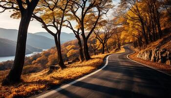 ai generiert das Wicklung Straße führt zu ein still Herbst Landschaft generiert durch ai foto