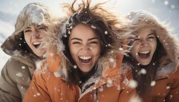 ai generiert zwei jung Frauen spielen im das Schnee, lächelnd und Lachen generiert durch ai foto