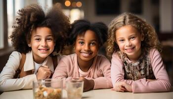 ai generiert lächelnd Mädchen, heiter Jungen, süß Kinder spielen, froh Familie Verbindung generiert durch ai foto