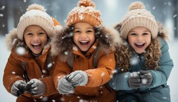 ai generiert lächelnd Winter Mädchen spielen im Schnee, Umarmen mit Aufregung generiert durch ai foto