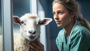 ai generiert ein süß Bauernhof Mädchen mit ein lächelnd Ziege, ein Tierarzt generiert durch ai foto