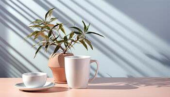ai generiert frisch Kaffee Tasse auf hölzern Tabelle mit eingetopft Pflanze generiert durch ai foto