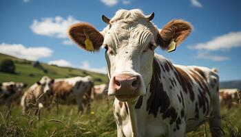 ai generiert süß Kuh Weiden lassen auf Grün Wiese, suchen beim Kamera generiert durch ai foto