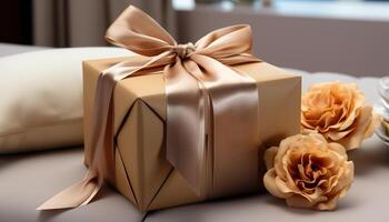 ai generiert romantisch Geschenk Box eingewickelt im elegant Gelb Satin- Papier generiert durch ai foto