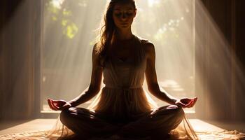 ai generiert jung Frau meditieren im Lotus Position, finden Harmonie und Balance generiert durch ai foto