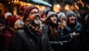 ai generiert Gruppe von freunde genießen Winter Nacht im das Stadt generiert durch ai foto