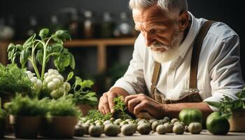 ai generiert Senior Mann Gartenarbeit, vorbereiten organisch Essen, lächelnd im inländisch Küche generiert durch ai foto