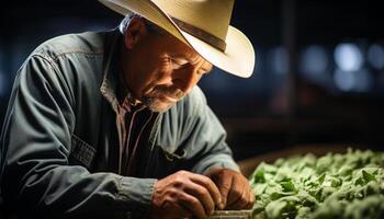 ai generiert Senior kaukasisch Farmer Arbeiten draußen, geschickt wachsend organisch Gemüse generiert durch ai foto