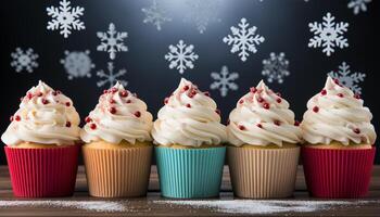 ai generiert hausgemacht Cupcake mit Schokolade Glasur, Schneeflocke Dekoration, und Süßigkeiten generiert durch ai foto