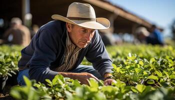 ai generiert einer reifen Farmer Arbeiten draußen, Pflanzen organisch Pflanzen im Sommer- generiert durch ai foto