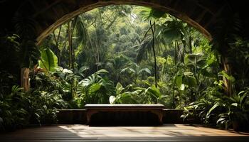 ai generiert ein üppig tropisch Regenwald, ein Palme Baum, und ein Fußweg generiert durch ai foto