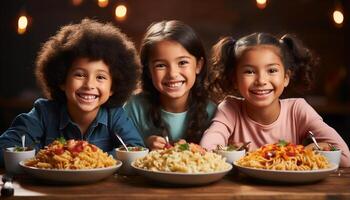 ai generiert lächelnd Mädchen und Jungs genießen Mahlzeit, heiter und süß generiert durch ai foto