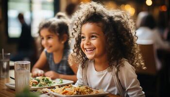 ai generiert lächelnd Kinder genießen Mahlzeit, Sitzung zusammen beim Familie Tabelle generiert durch ai foto