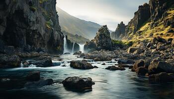 ai generiert majestätisch Berg Gipfel, still Wasserfall, fließend Wasser, Natur Schönheit generiert durch ai foto