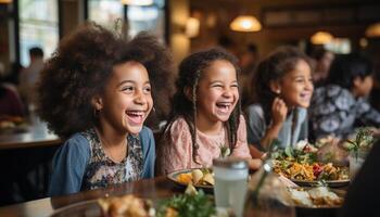ai generiert lächelnd Kind genießt Essen, Sitzung mit heiter Familie drinnen generiert durch ai foto