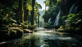 ai generiert still tropisch Regenwald, fließend Wasser, Grün Bäume, und frisch Farne generiert durch ai foto