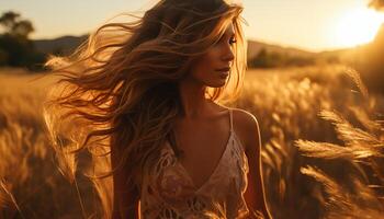 ai generiert jung Frau genießen das Freiheit von Natur beim Sonnenuntergang generiert durch ai foto