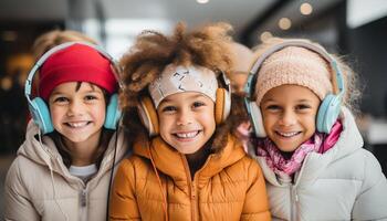 ai generiert lächelnd Kinder spielen draußen, genießen Winter, Erstellen froh Zusammengehörigkeit generiert durch ai foto