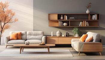 ai generiert modern Wohnung mit hell, komfortabel Innere Sofa, Tisch, Stuhl, Bücherregal generiert durch ai foto