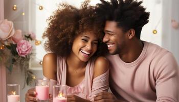 ai generiert afrikanisch amerikanisch Paar genießen Liebe und Glück im gemütlich Zuhause generiert durch ai foto