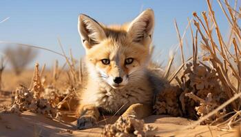 ai generiert süß rot Fuchs Sitzung im Gras, suchen beim Kamera generiert durch ai foto