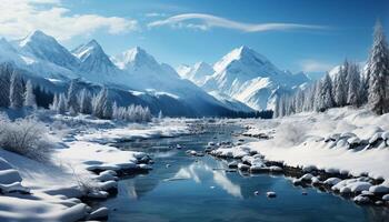 ai generiert still Winter Landschaft majestätisch Berge, gefroren Wasser, und schneebedeckt Bäume generiert durch ai foto