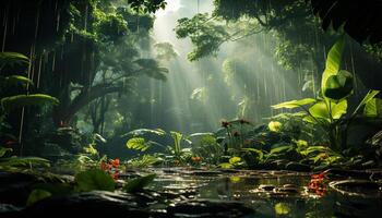ai generiert still Szene Grün Blätter, frisch Wasser, tropisch Regenwald Schönheit generiert durch ai foto