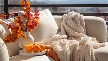 ai generiert gemütlich Herbst Schlafzimmer, modern Eleganz, hell Sonnenlicht, frisch Pflanze generiert durch ai foto