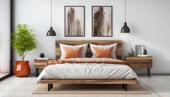 ai generiert komfortabel modern Schlafzimmer mit elegant Holz Dekor und hell Beleuchtung generiert durch ai foto