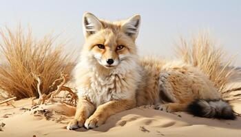 ai generiert süß rot Fuchs Sitzung auf Sand Düne, suchen beim Kamera generiert durch ai foto