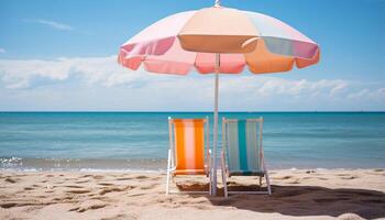 ai generiert Entspannung auf ein tropisch Küste, Sonnenbaden unter ein Blau Regenschirm generiert durch ai foto