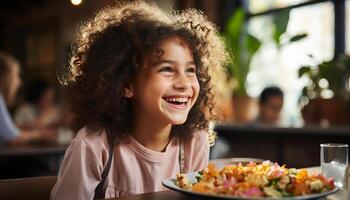 ai generiert lächelnd Kind genießt Mahlzeit, Verbindung mit Familie im gemütlich Küche generiert durch ai foto