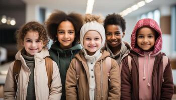 ai generiert lächelnd Kinder, heiter Jungs und Mädchen, suchen beim Kamera generiert durch ai foto