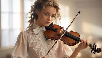 ai generiert jung Frau Musiker spielen Violine drinnen, Konzentration auf Performance generiert durch ai foto