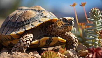 ai generiert süß Schildkröte kriechen im Natur, schleppend und konzentriert auf Vordergrund generiert durch ai foto