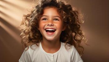 ai generiert lächelnd Kind, heiter und Niedlich, Glück im Porträt, lockig Haar generiert durch ai foto