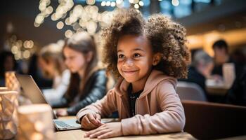 ai generiert ein glücklich Gruppe von Kinder studieren zusammen drinnen, mit Technologie generiert durch ai foto