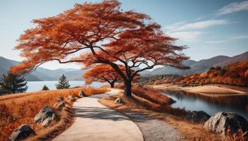 ai generiert still Herbst Landschaft Gelb Blätter, Blau Himmel, heiter Wasser generiert durch ai foto